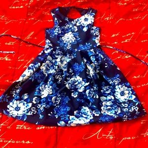 Girls, black blue and white floral button back dress size 7
